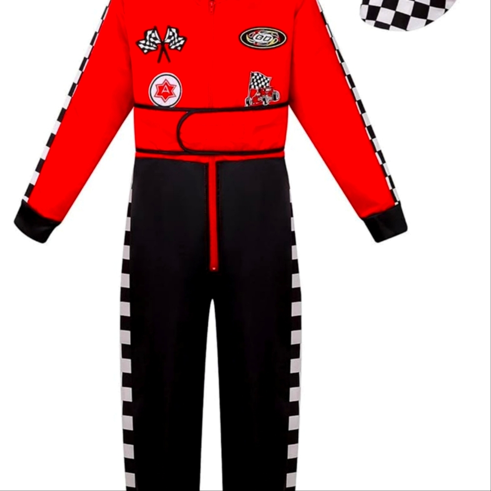 Red and Black Racing Jumpsuit with Checkered Accents